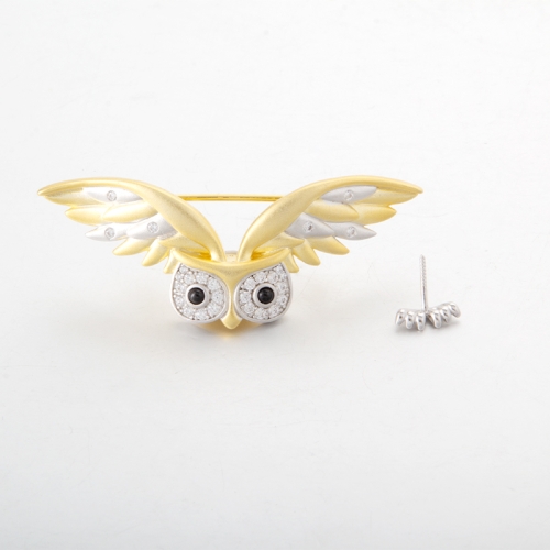 owl with two tone wings brooch Fitting for pearl in 925 Sterling Silver