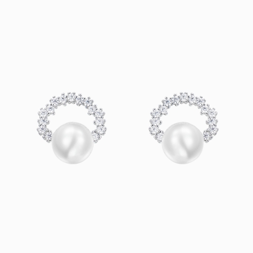 CZ paved Semi-circular design stud earring mounting with 8mm freshwater pearl