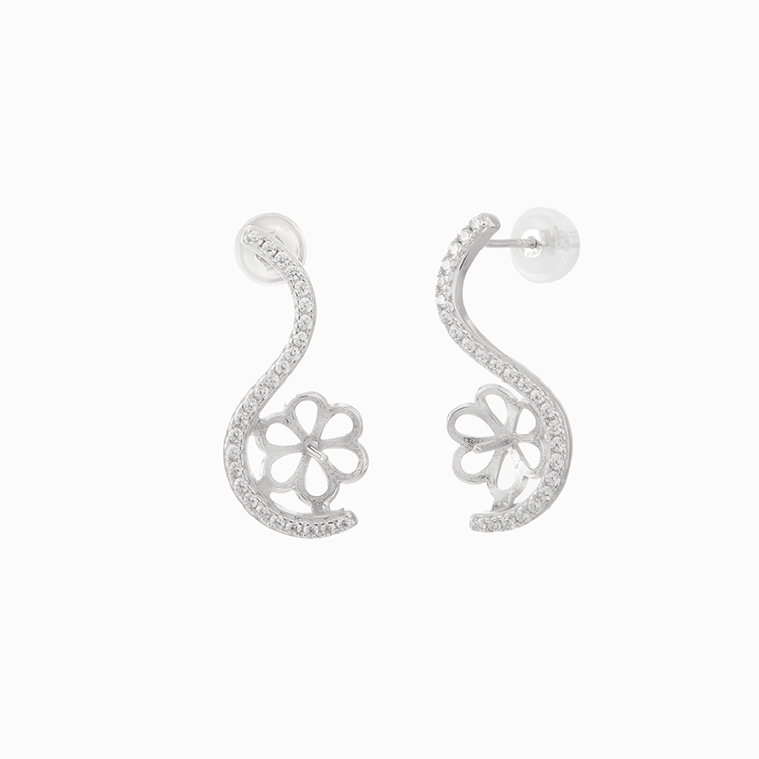 S shaped pave CZ with freshwater pearl size 10mm stud earring fitting